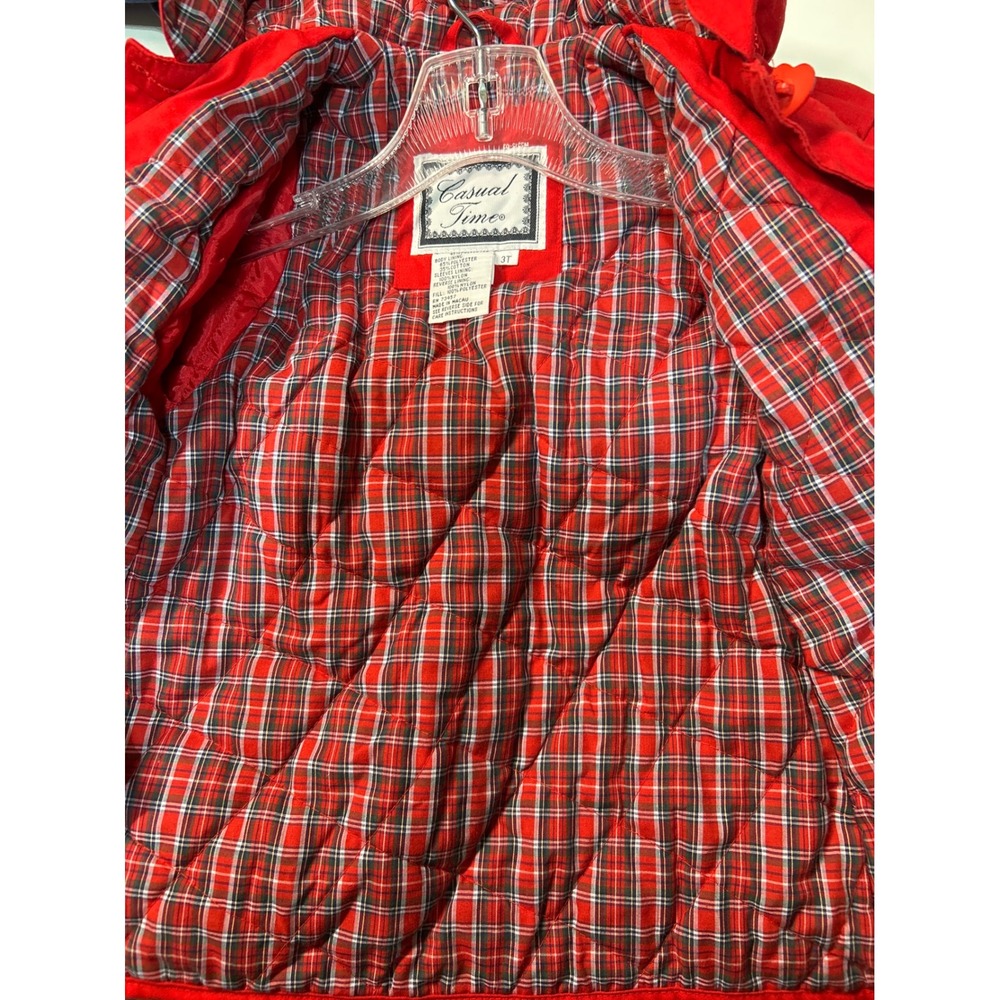 Casual Time Girls Red Ruffle Hooded JacketCoat Size 3T Heart Buttons Plaid Lined - Picture 6 of 6